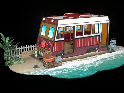 Colorful Beachside Dining Car With White Picket Fence Suitcase Plant And Waves 3d model
