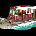 Colorful Beachside Dining Car With White Picket Fence Suitcase Plant And Waves