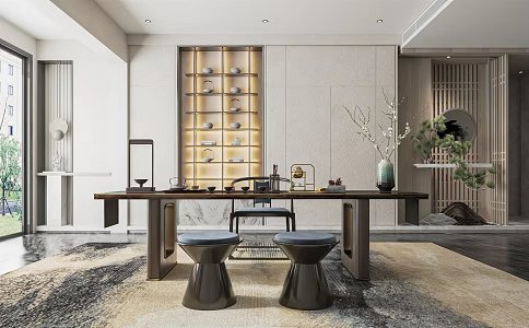 New Chinese Style Tea Room Zen Style Tea Room Tea Table and Chair Tea Cabinet Storage Rack Decorative Cabinet Tea Table Tea Chair Tea Stool 3d model