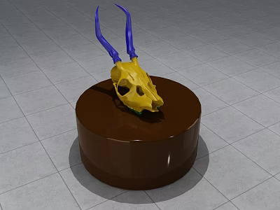 Decorative Ornament Set With Yellow Skull And Blue Horns On Brown Round Base 3d model