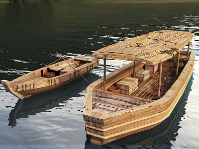 Two Traditional Wooden Boats Floating on Calm Water with Roof and Cargo Boxes 3d model