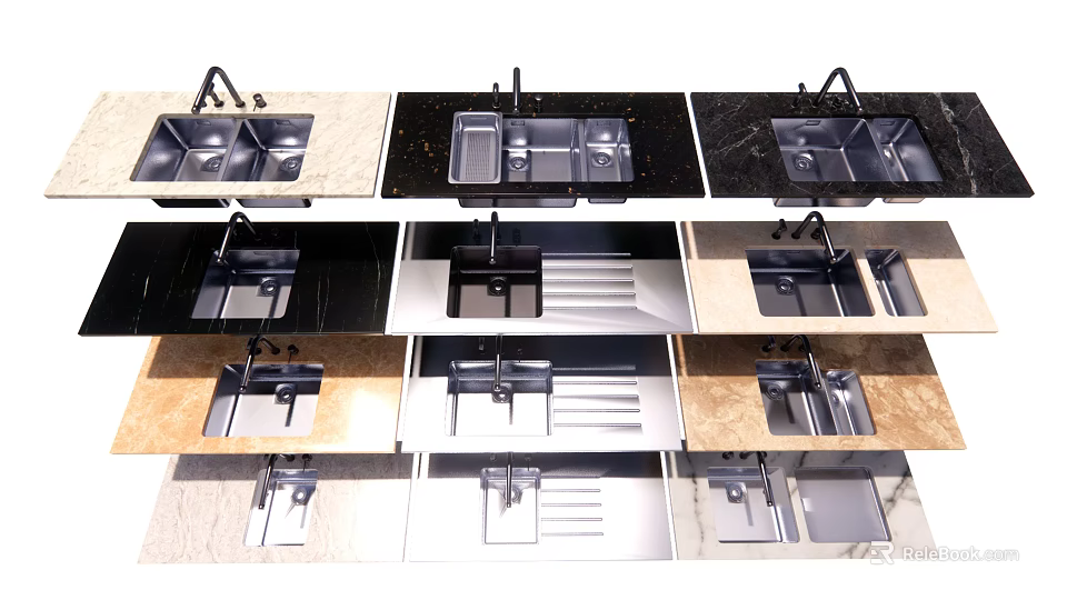 Stylish Kitchen Sinks With Various Designs And Faucets On Different Countertop Materials 3d model