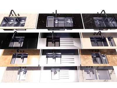 Stylish Kitchen Sinks With Various Designs And Faucets On Different Countertop Materials 3d model