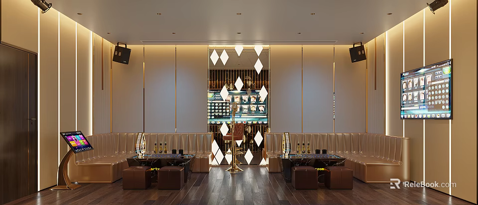 Modern KTV Room Interior With Sofas Tables Wine Bottles And Large Screen 3d model