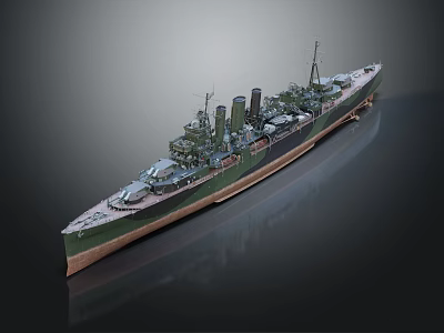 Detailed Military Warship Model Exterior With Deck Turrets Hull And Smokestack Details 3d model