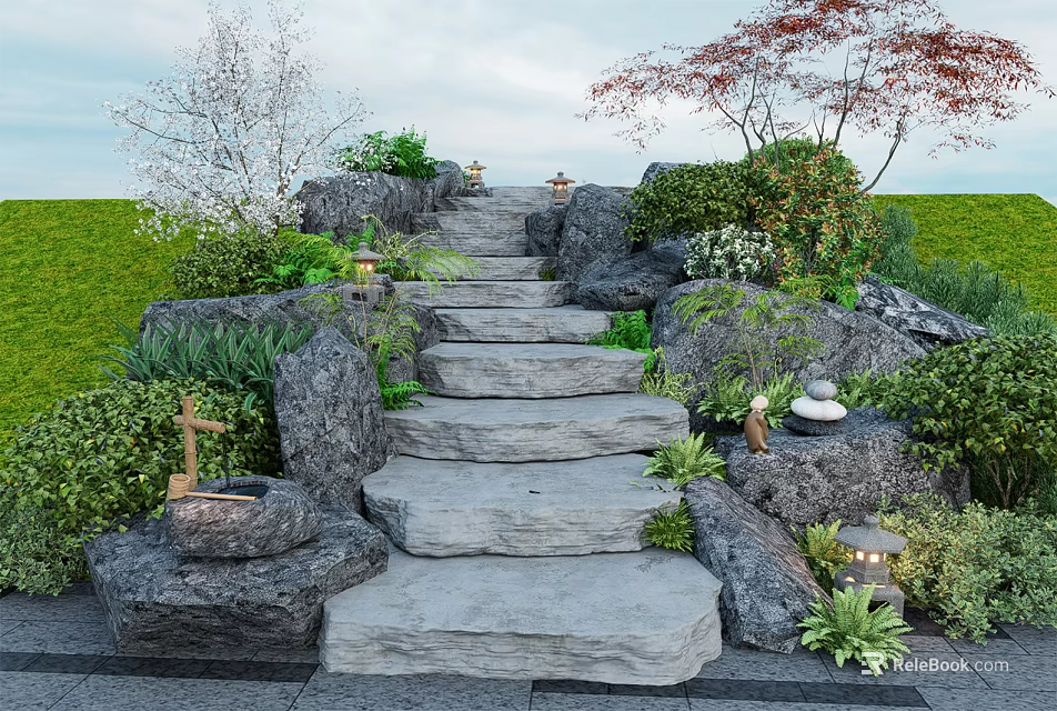 Garden Ornament Featuring Stone Steps Rocks Green Plants And Lanterns 3d model 