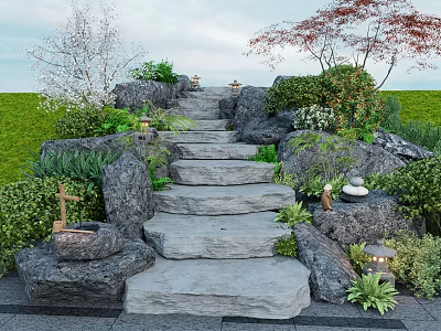 Garden Ornament Featuring Stone Steps Rocks Green Plants And Lanterns 3d model