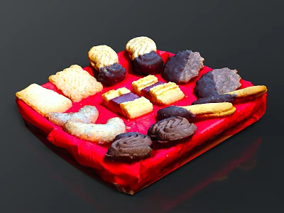 Delicious Assorted Cookies On Red Tray With Various Shapes And Flavors 3d model