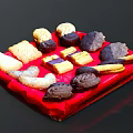Delicious Assorted Cookies On Red Tray With Various Shapes And Flavors