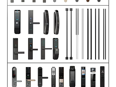 Various Door Handles With Modern Designs Including Smart Locks And Metal Levers 3d model
