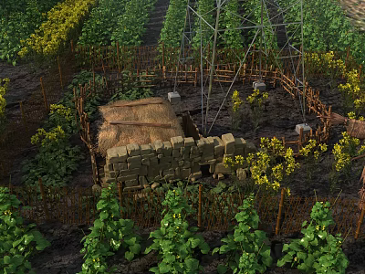 Garden Landscape with Thatched Stone Hut Bamboo Fence Green Plants Yellow Flowers Neat Crop Rows 3d model