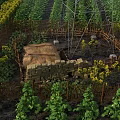 Garden Landscape with Thatched Stone Hut Bamboo Fence Green Plants Yellow Flowers Neat Crop Rows