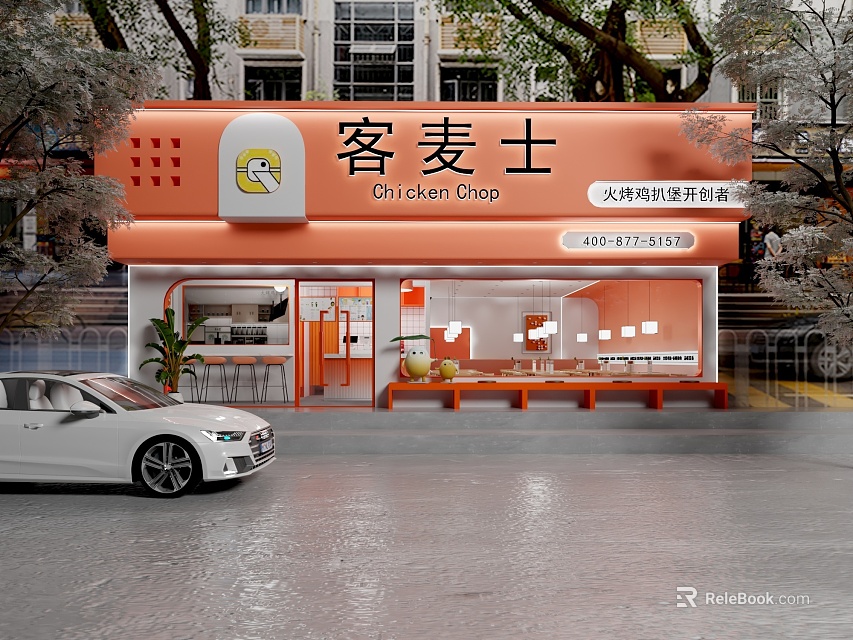 Orange Storefront Of Chicken Chop Restaurant In Modern Style 3d model 