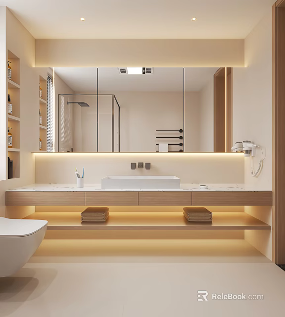 Modern Bathroom Interior With Large Mirror Wooden Vanity And Soft Lighting 3d model