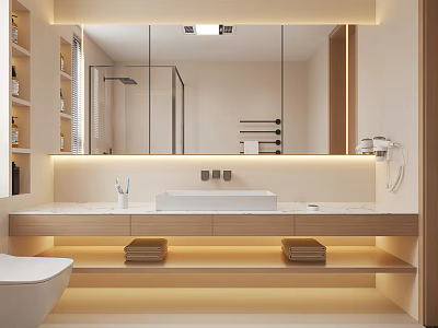 Modern Bathroom Interior With Large Mirror Wooden Vanity And Soft Lighting 3d model