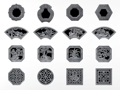Carved Lattice Windows Featuring Various Traditional Floral And Geometric Patterns In Different Shapes 3d model