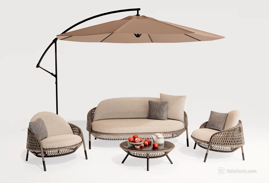 Outdoor Sofa with Curved Umbrella Armchairs and Round Coffee Table Featuring Fruits 3d model 