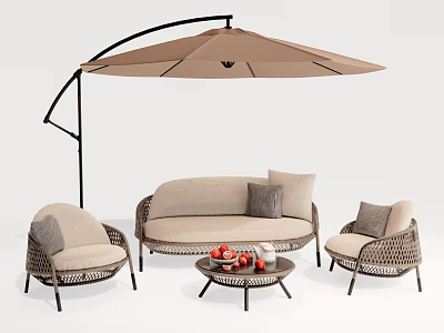 Outdoor Sofa with Curved Umbrella Armchairs and Round Coffee Table Featuring Fruits 3d model