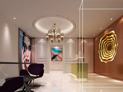 Modern Beauty Salon Lobby With Chandelier Decorative Artwork Purple Chairs And Reception Desk 3d model