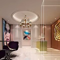 Modern Beauty Salon Lobby With Chandelier Decorative Artwork Purple Chairs And Reception Desk