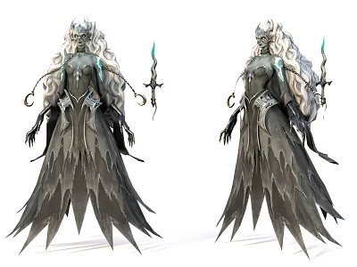 Game Movie Character Design With Dark Spiked Robes Long White Hair And Blue Glowing Weapons 3d model