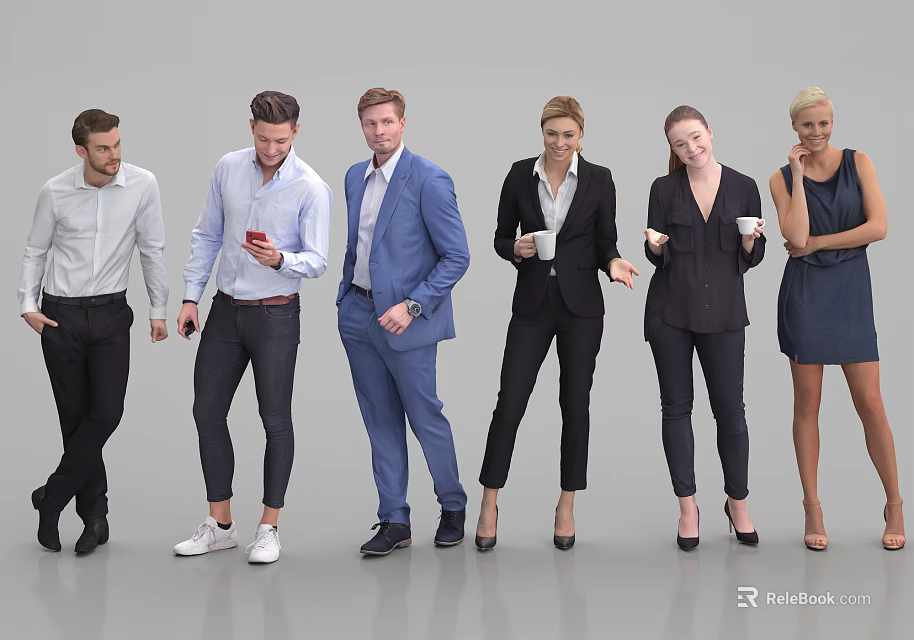 Diverse Group of People in Various Outfits Holding Coffee Cups and Smartphones 3d model 