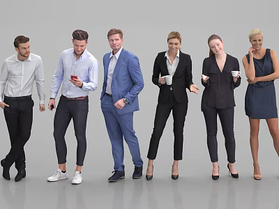Diverse Group of People in Various Outfits Holding Coffee Cups and Smartphones 3d model