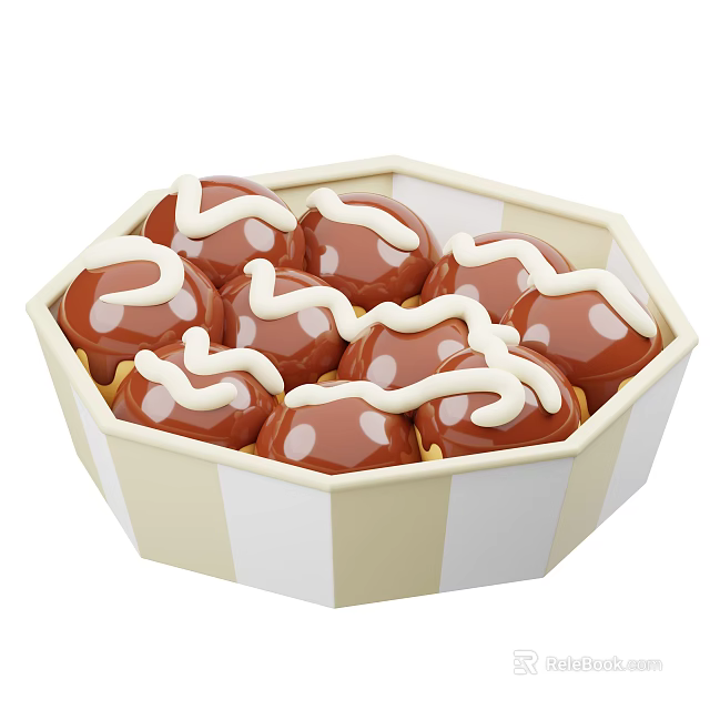 Delicious Chocolate Balls With White Sauce In Octagonal Cream And White Striped Container 3d model 