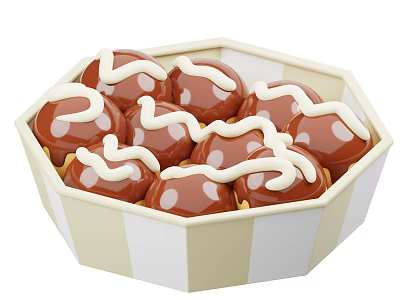Delicious Chocolate Balls With White Sauce In Octagonal Cream And White Striped Container 3d model