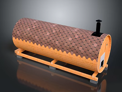 Wooden Barrel Structure With Tile Covered Roof And Black Chimney Stand 3d model