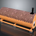 Wooden Barrel Structure With Tile Covered Roof And Black Chimney Stand