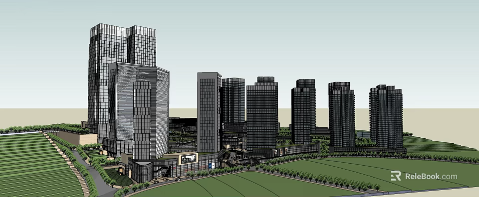 Modern High Rise Buildings in Urban Area with Glass Facades and Green Spaces 3d model 