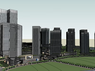 Modern High Rise Buildings in Urban Area with Glass Facades and Green Spaces 3d model