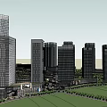 Modern High Rise Buildings in Urban Area with Glass Facades and Green Spaces