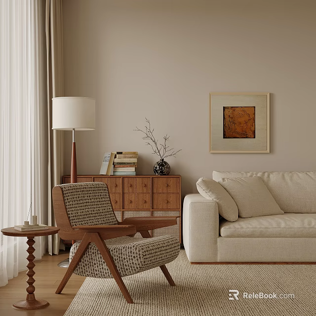 Warm Living Room Leisure Chair With Wooden Frame Woven Design And Beige Sofa 3d model 