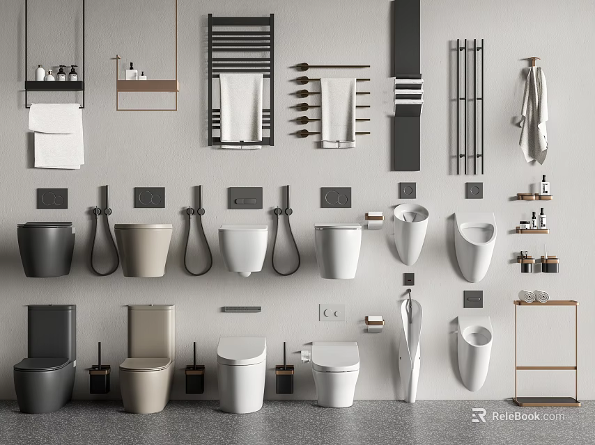 Various Toilet Designs Collection With Bathroom Accessories Towel Racks And Shelves 3d model 