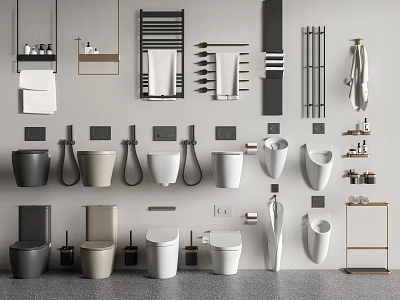 Various Toilet Designs Collection With Bathroom Accessories Towel Racks And Shelves 3d model