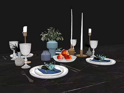 Elegant Tableware Set With Plates Glasses Blue Napkins Candles Fruits And Green Plant 3d model