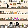 Open Kitchen Storage Shelves With Utensils Spices Appliances And Fresh Produce