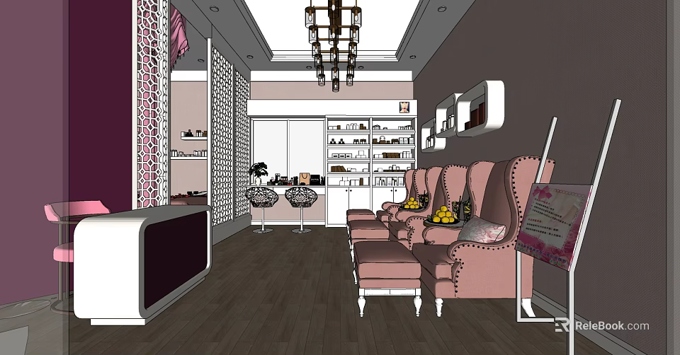Beauty Hair Salon Interior With Pink Armchairs Chandelier Product Shelves And Mirrors 3d model 