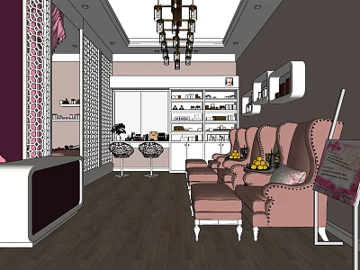 Beauty Hair Salon Interior With Pink Armchairs Chandelier Product Shelves And Mirrors 3d model