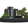 Decorative Garden Ornament Featuring Black Stone Waterfall Green Bushes Pine Tree And Circular Pond
