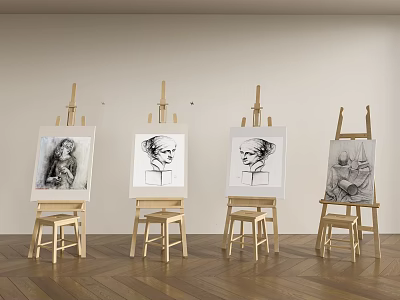 Wooden Easels With Sketches Display Art Supplies In Studio Space 3d model