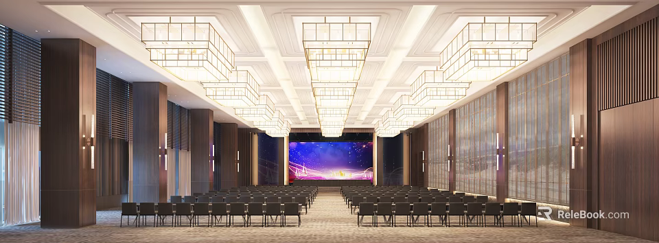 Spacious Modern Conference Room Interior With Arranged Chairs Large Screen And Chandeliers 3d model 