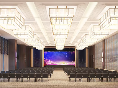 Spacious Modern Conference Room Interior With Arranged Chairs Large Screen And Chandeliers 3d model