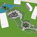 Park Landscape With Lush Trees White Buildings Circular Plazas And Paths