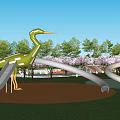 Golden Crane Shaped Play Equipment With Slides In Outdoor Park Green Lawn And Trees