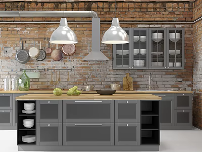 Gray Kitchen Cabinets With Glass Doors And Wooden Island Countertop On Brick Wall 3d model
