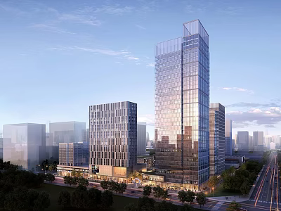 Modern Office Building Exterior with Glass Facade and Urban Greenery Surroundings 3d model