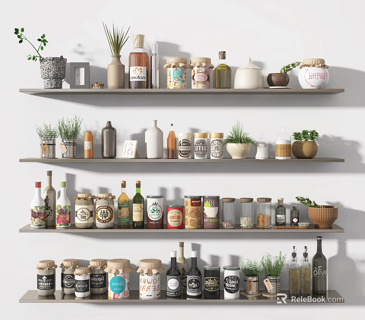 Organized Kitchenware Display On Multiple Shelves With Jars Bottles And Green Plants 3d model 